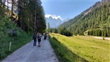 Il gruppo di spalle percorre la strada con le pale di San Martino che svettano imponenti sopra di loro.