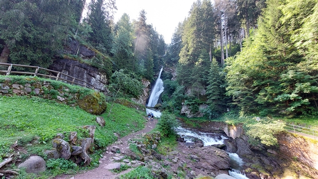 La cascata di Cavalese spumeggia in mezzo al bosco.