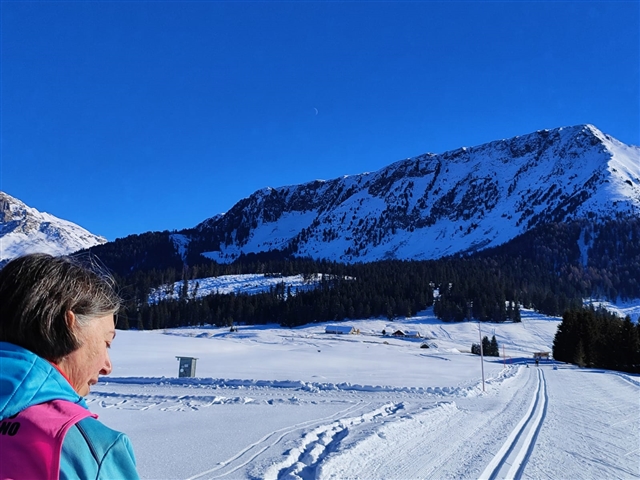 La Coccolina di profilo con davanti le montagne e sopra un cielo azzurrissimo che incornicia una debolissima falce di luna.