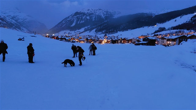 La comitiva sulla neve e Livigno con le luci che si accendono al crepuscolo